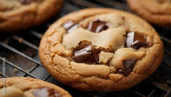Fototapeta A close-up of a freshly baked chocolate chip cookie on a cooling rack, a treat with melted chocolate. A perfect combination of texture and taste.