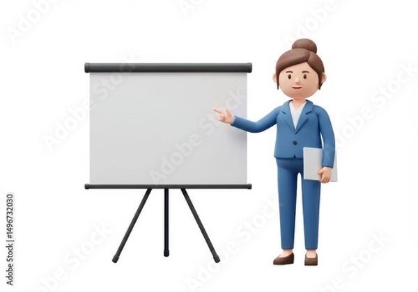 Fototapeta 3D Illustration of Businesswoman pointing to a blank presentation board isolated on white background