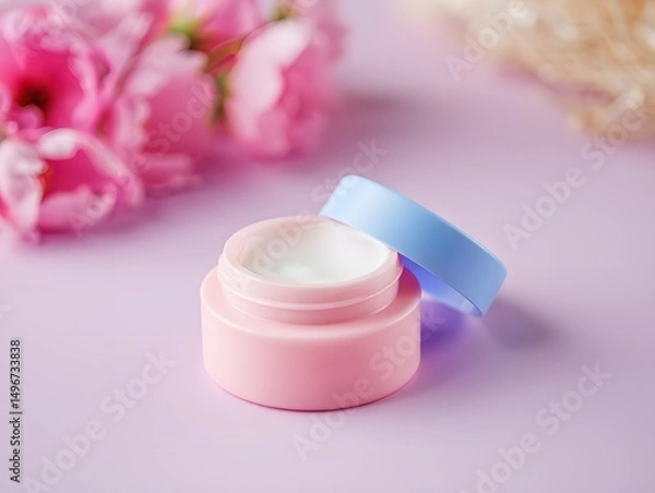Fototapeta An alluring close-up shot of a cosmetic cream jar, its soft pink hue complementing the delicate petals of pink flowers. This image showcases a sense of beauty and purity.