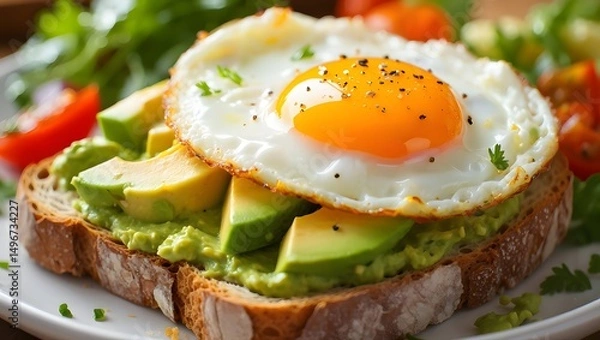 Fototapeta A delectable breakfast delight featuring an avocado toast topped with a sunny-side-up egg. A culinary journey begins here, with textures and flavors that dance on the palate.