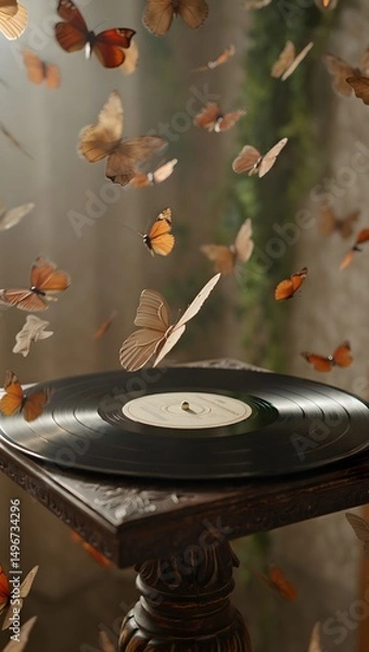Fototapeta A mesmerizing visual of butterflies emerging from a vinyl record, with antique aesthetic and the magic of music merging with nature.