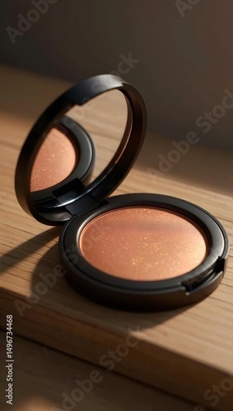 Obraz A luxurious bronze compact blush rests open on a warm wooden surface, reflecting a soft, natural light. The subtle shimmer and smooth texture are inviting.