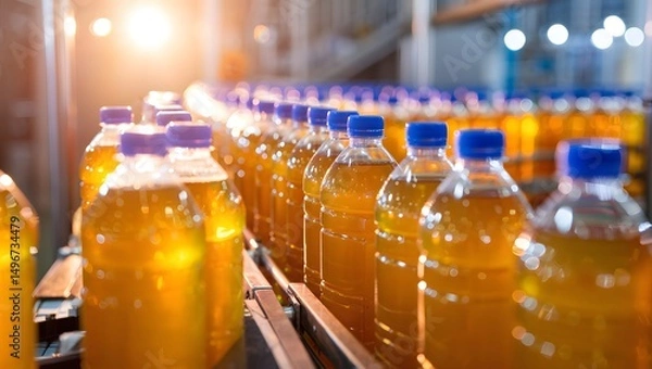 Obraz Rows of bottled liquid flow through an automated conveyor system, symbolizing industry efficiency and precision. Each bottle, neatly arranged, presents an image of seamless industrial operations.