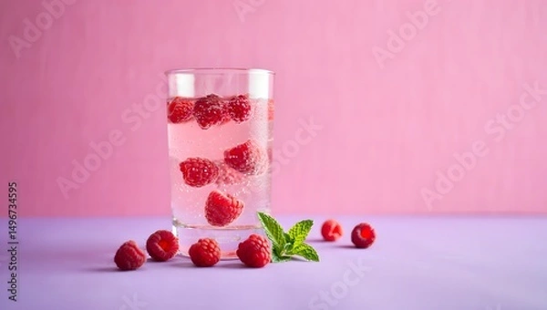 Fototapeta Refreshing raspberry drink with ice and mint in a tall glass against a pink background.