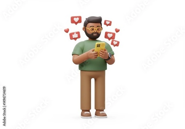 Fototapeta 3D Illustration of Cartoon man using smartphone with social media notifications isolated on white background