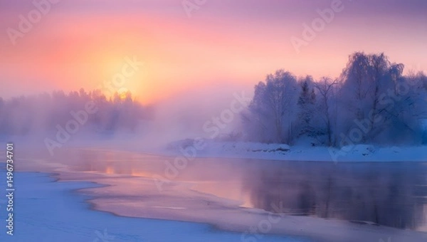 Fototapeta A mesmerizing winter landscape is bathed in the soft glow of dawn. Captured in a realistic style, this landscape is complete with snow, a body of water and trees. 