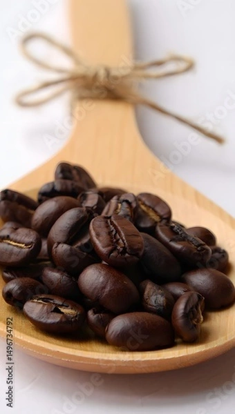 Fototapeta A close-up shot of coffee beans, cradled in a wooden spoon, presenting a rustic touch. with detail textures.