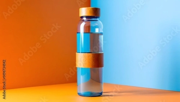 Fototapeta A refreshing water bottle against a vibrant backdrop, captured in a modern, minimalist aesthetic. The transparent container holds clear liquid.