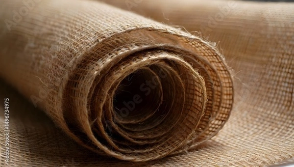 Fototapeta A tightly rolled coil of textured burlap, its raw, natural fibers hinting at rustic charm, waiting to be unfolded.