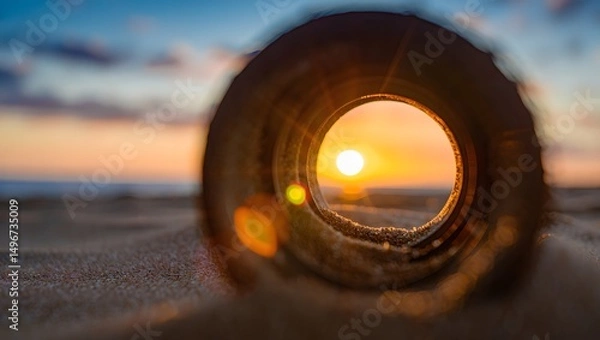Obraz A unique perspective of the sun through a tunnel on the beach, offering a glimpse of the day's end. Capturing the perfect alignment with a vivid gradient horizon in a peaceful setting.