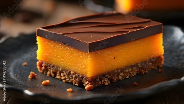 Fototapeta A mouthwatering square of delicious chocolate dessert, featuring layers of rich chocolate ganache and creamy filling.