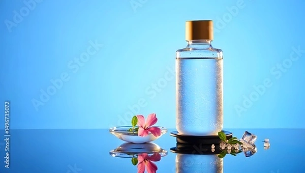 Fototapeta A serene, minimalist composition presents a bottle of liquid, artfully arranged with floral elements and ice against a calming blue backdrop, suggesting tranquility and rejuvenation.