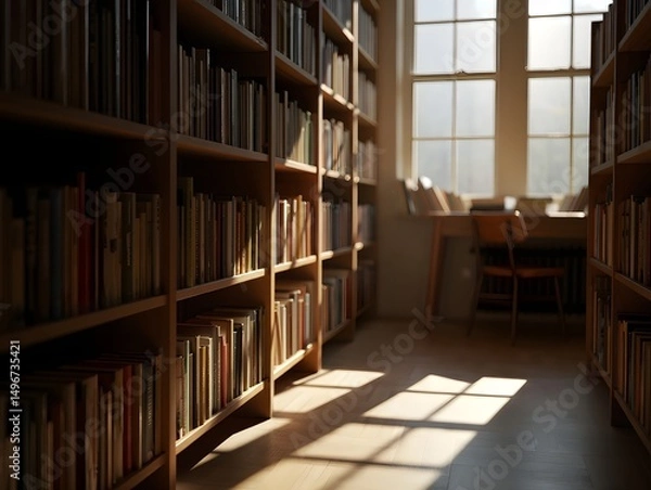 Obraz Sunlight streams through a library window, illuminating rows of bookshelves and casting shadows across the room, inviting to immerse yourself in the tranquility of knowledge and quiet study.