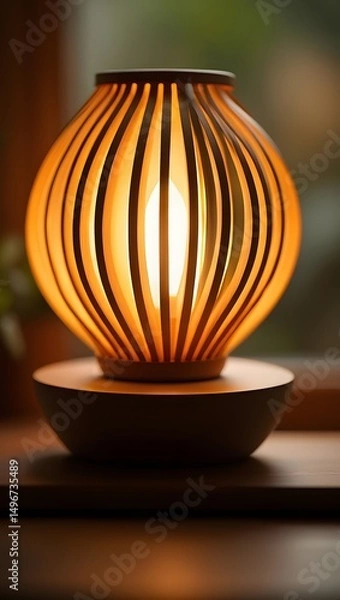 Fototapeta A captivating wooden lamp, with its warm, inviting glow casting intricate shadows in a cozy interior, creating an ambiance of tranquility and relaxation.