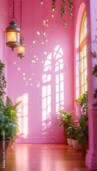Fototapeta A corridor bathed in the soft glow of natural light, with elegant arch window casting intricate shadows on the walls, adorned with hanging lamps and potted plants.