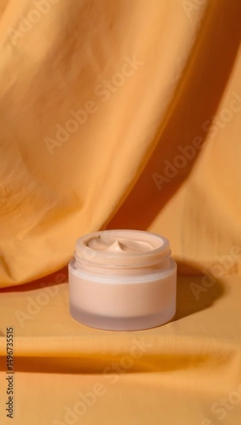 Fototapeta A jar of luxurious face cream sits on an orange fabric backdrop, ready to be used. The soft lighting enhances the creamy texture, suggesting a sense of pampering and self-care. 