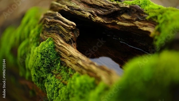 Fototapeta A close-up view of a weathered log, its surface textured with the lush, vibrant green of moss, hints at a secret life within the forest, with a hint of mystery and intrigue.