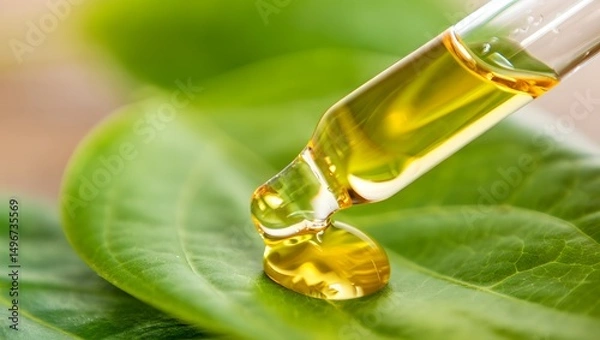 Fototapeta A single drop of golden essential oil falls from a dropper onto a fresh green leaf, evoking a sense of natural wellness and purity.