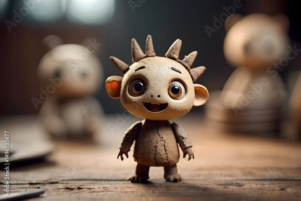 Fototapeta A charming, whimsical wooden figurine with a cheerful expression, smiles warmly at the camera, radiating a sense of playfulness and joy, stands on a rustic wooden surface.