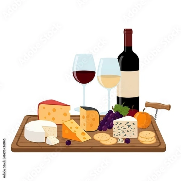 Fototapeta Illustration of a wooden board with assorted cheeses, crackers, grapes, and a bottle of red wine with two glasses, one filled with red wine and the other with white wine.