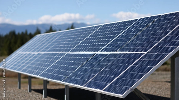 Fototapeta Solar Panel Array in Rural Setting with Distant Mountains showcasing clean energy technology and a sustainable future with a focus on renewable resources and environmental