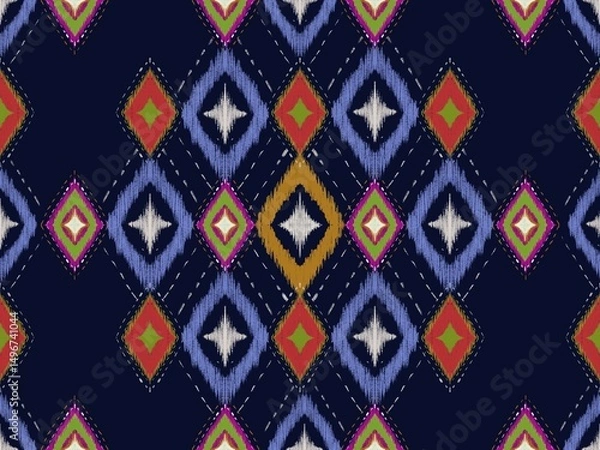 Obraz traditional thai style fabric pattern. traditional thai style Embroidery work fabric pattern. Aztec geometric art, Ethnic vector abstract blue background. Seamless pattern in tribal, folk embroidery.