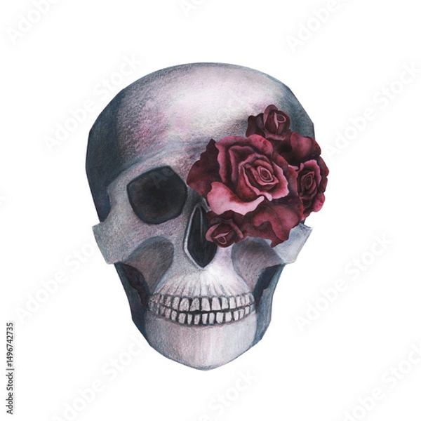 Obraz Scull with roses in the eye gothic magical texture isolated on white background. Watercolor hand drawn esoterics skull illustration. Art for design mystical halloween witch decoration, scary card