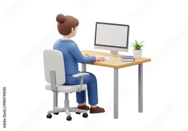 Fototapeta 3D Illustration of Cartoon character working at computer isolated on white background