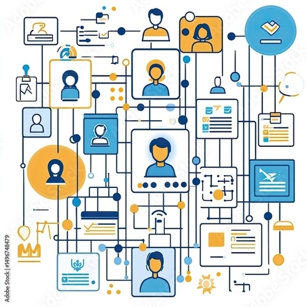 Fototapeta HR management depicted with hiring processes, onboarding programs, training sessions, benefits planning, employee files, compliance audits, organizational structure, staff development.