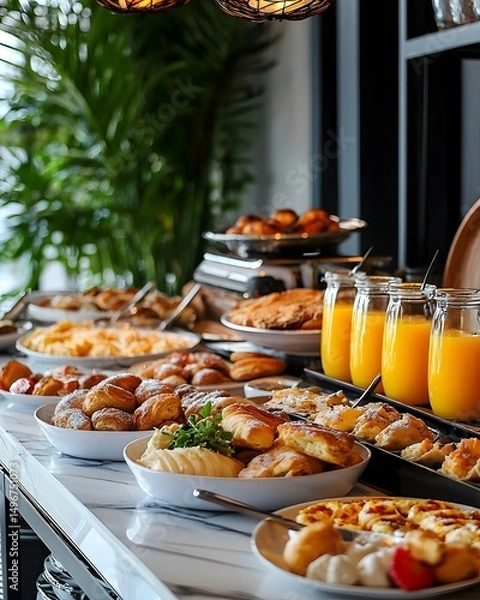 Fototapeta Buffet table with a variety of food and drinks