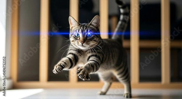 Obraz Tabby Cat with Glowing Eyes: Energetic Feline Leap,
Mystical Cat Jump: Blue Light Eye Effect, Action Shot Tabby: Dynamic Cat Indoors.