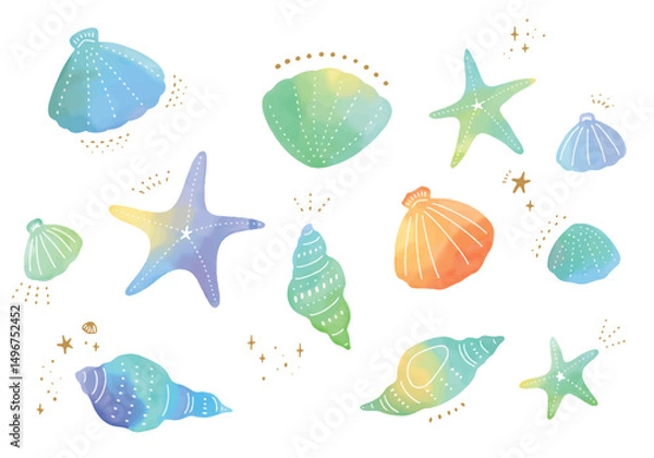 Obraz カラフルな貝殻の水彩イラスト