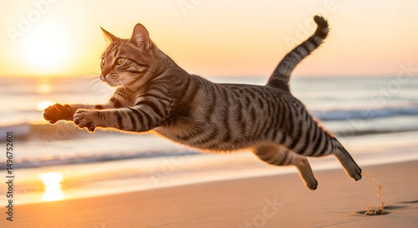 Obraz Tabby Cat Leaping: Energetic Beach Sunset, Cat in Mid-Air: Playful Feline on Beach, Jumping Tabby at Sunset: Dynamic Animal Photography, Action Shot Cat: Golden Hour Beach Scene.