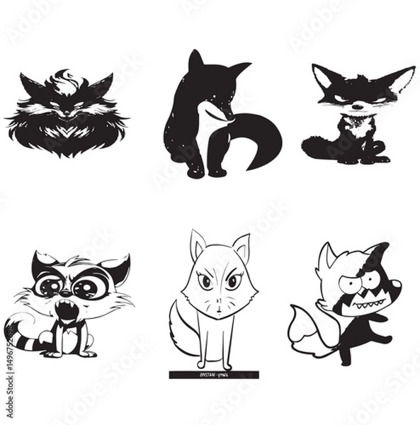 Fototapeta  Angry Fox Vector set Black and White