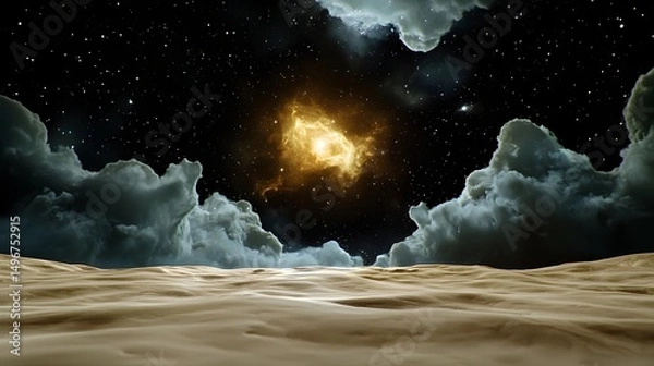 Fototapeta Dramatic Desert Landscape Under Starry Night Sky with Nebula Golden Cosmic Cloudscape