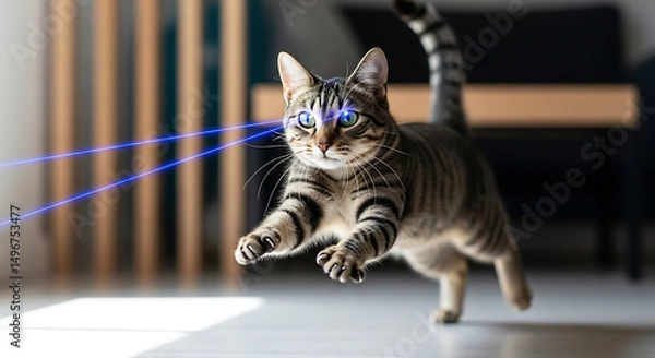 Fototapeta Laser Beam Cat Action: Energetic Feline Pounce, Cat with Laser Eyes: Intense Feline Focus, Tabby Cat Laser Pointer: Playful Hunting Mode.