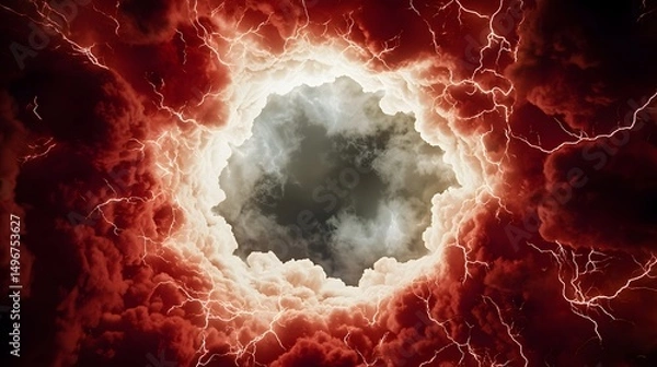 Fototapeta Dramatic Storm Cloudscape Red Sky Lightning and Ominous Hole in Clouds