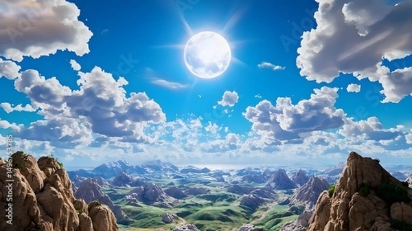 Fototapeta Majestic Mountain Landscape Sunny Sky Fluffy Clouds and Expansive Valley Vista
