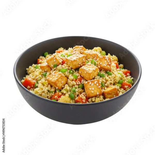 Fototapeta Delicious bowl of stir-fried tofu with vegetables and sesame seeds, vibrant colors