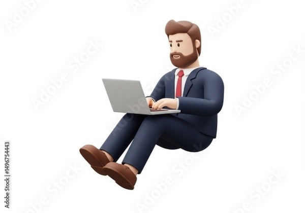 Fototapeta 3D Illustration of Cartoon businessman sitting and working on laptop isolated on transparent background