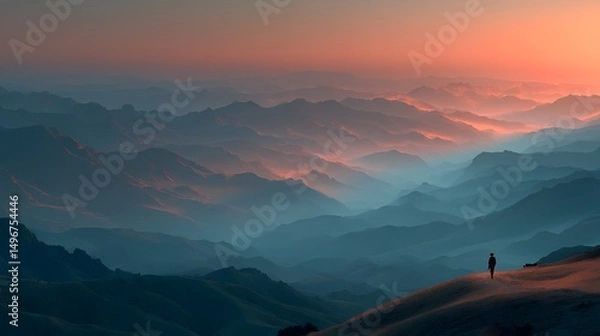 Fototapeta Majestic Sunset Over Rolling Mountains Solitary Figure at Peak