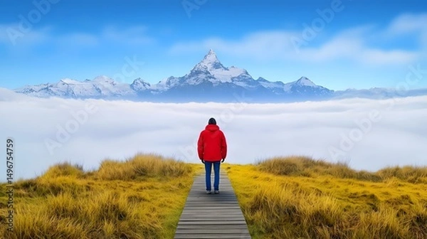 Fototapeta Person in Red Jacket on Wooden Path Above Clouds Majestic Mountain View