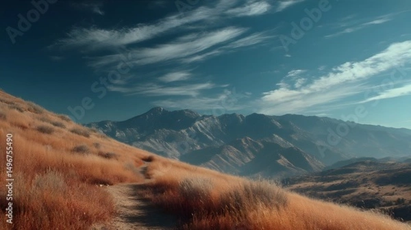 Fototapeta Scenic Hiking Trail in Mountainous Landscape with Golden Grass and Blue Sky