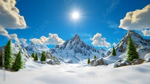 Fototapeta Stunning Winter Mountain Landscape Snow Covered Peaks Evergreen Trees Sunny Sky