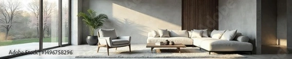 Obraz A stylish, minimalist living room with large windows letting in natural light, cool grey walls, and sleek modern furniture Perfect for relaxation and creating a calm atmosphere , apartment, design