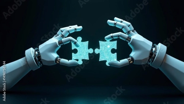 Fototapeta Two hands with futuristic robotic metal arm in business design