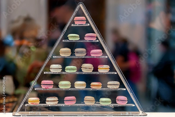 Fototapeta Pyramid of macaroons in a variety of colors seen through the window glass