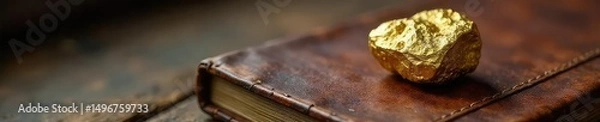 Fototapeta Close-up of a gold nugget resting on a worn leather-bound journal, representing wealth, prosperity, and the value of written records , writing, texture