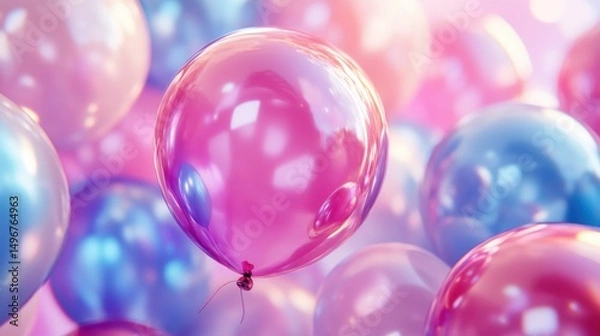 Fototapeta Floating Delights: A close-up shot of iridescent balloons floating gently in a soft-focus light, creating a dreamy and celebratory atmosphere.