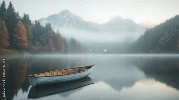 Fototapeta Serene Lake and Boat Amidst Mountains: A tranquil scene unfolds as a wooden boat gently floats on a still lake, embraced by the majesty of mountains shrouded in a gentle mist, evoking peace and calm.